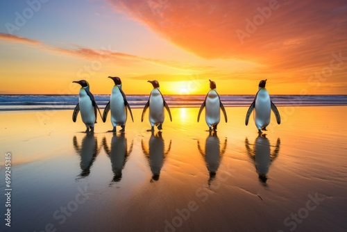 penguin walk by sunrise on beach photo