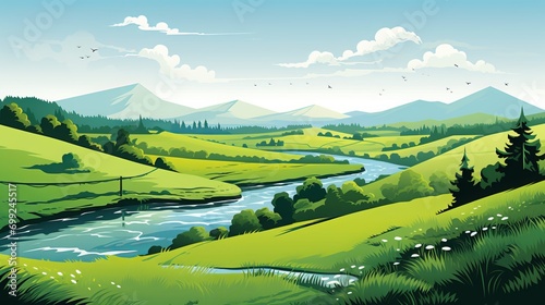 Illustration of a mountain view with green fields and clean skies