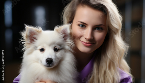 Cute puppy brings happiness and love to young woman generated by AI