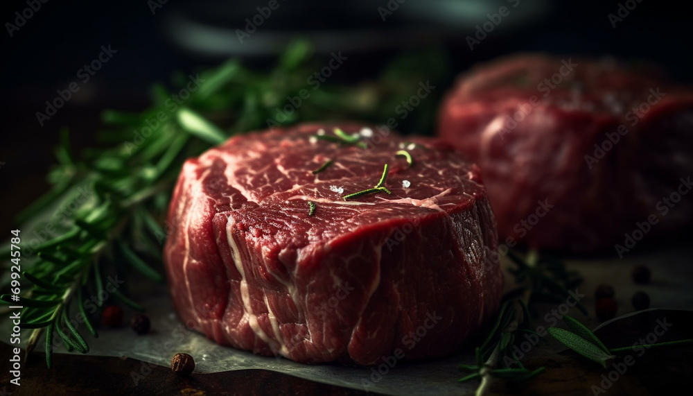 Freshness and spice enhance the gourmet steak on the rustic wood generated by AI
