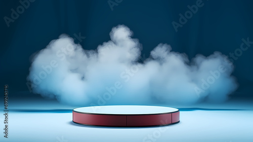 Blue background, product podium surrounded by blue clouds, 3d rendering podium platform