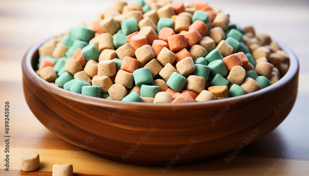 A colorful heap of sweet candy on a wooden bowl generated by AI A colorful heap of sweet candy on a wooden bowl generated by AI