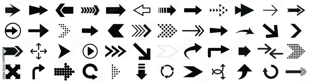 Black vector arrows collection. Arrow. Cursor. Arrow vector icon.Set different arrows or web design. Arrow flat style isolated on white background,  Direction symbols - vector illustration - obrazy, fototapety, plakaty 