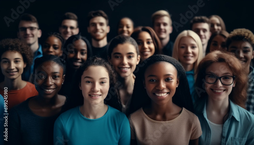 A cheerful group of students smiling, looking at camera together generated by AI