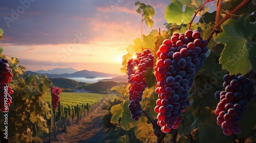 red grapes on the vine at sunset