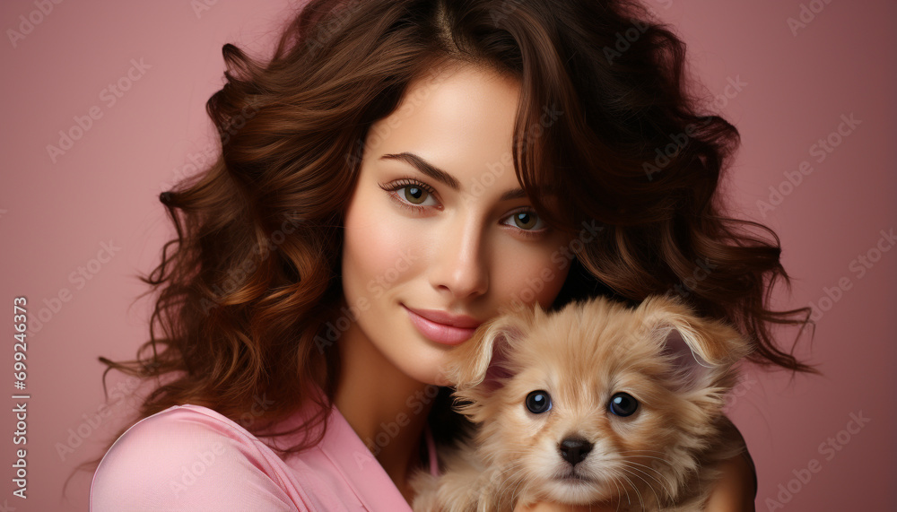 Young woman with long brown hair smiling, holding cute puppy generated by AI Young woman with long brown hair smiling, holding cute puppy generated by AI