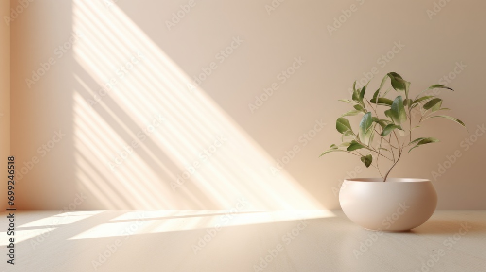 light wall with rays of light and plants for product presentations