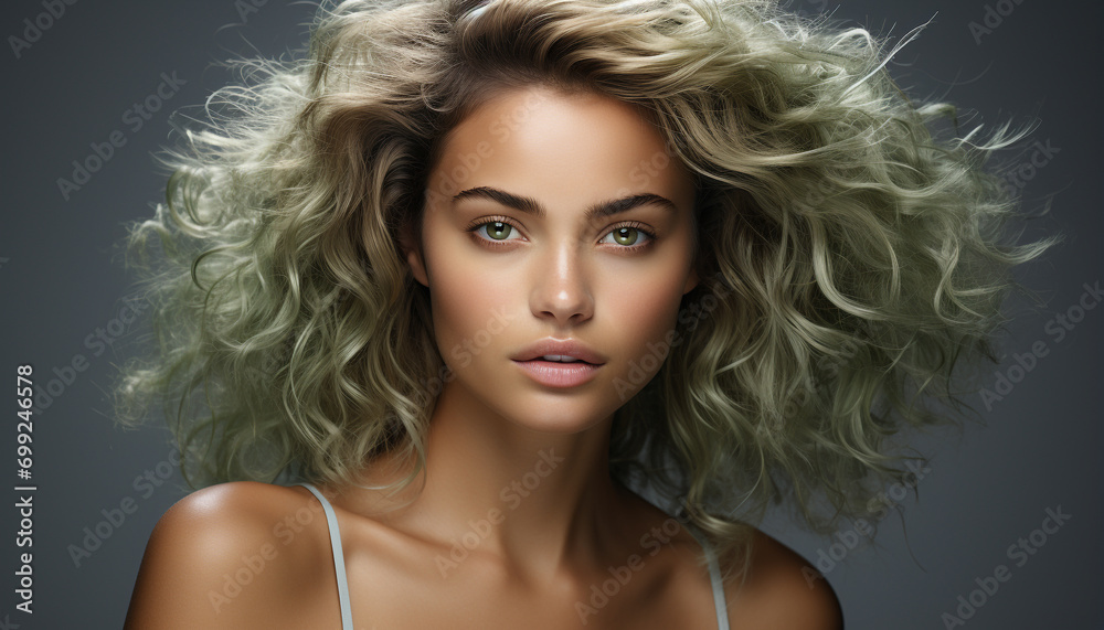 Beautiful blond woman with curly hair, looking at camera sensually generated by AI Beautiful blond woman with curly hair, looking at camera sensually generated by AI