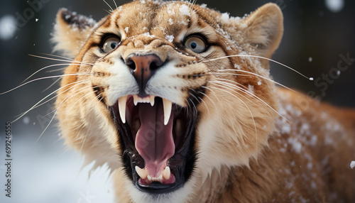 Furious tiger snarling, mouth open, looking at camera generated by AI photo