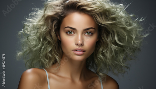 Beautiful blond woman with curly hair, looking at camera sensually generated by AI