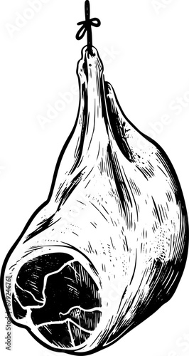 A ham hock hanging on a string, vector illustration for meat restaurant, shop, logo, packaging, etc. 