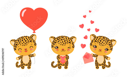 Cute valentine animal illustration. Kawaii leopard holding heart shape balloon, cake, envelope with paper hearts. Cartoon cheetah character jaguar emoji vector. Love mascot for valentine day greeting.