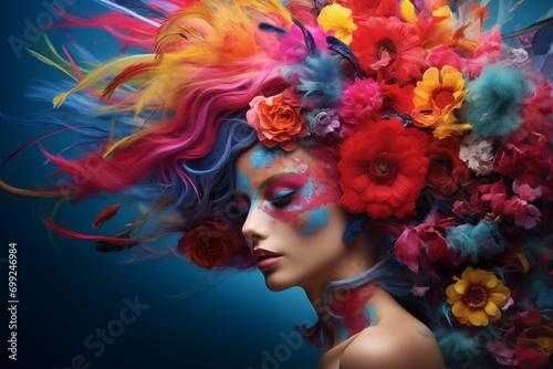 floral woman digital portrait, Ethereal female Art, An eye catching surreal young woman surround by vibrant colorful flowers and abstract designs, Creative fantasy girls and flowers wallpaper concept