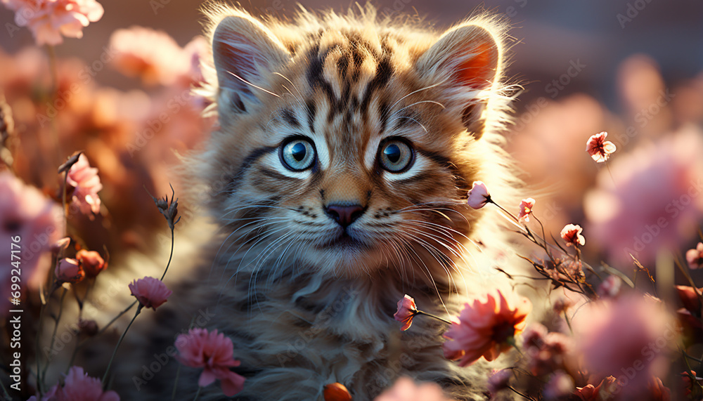Cute kitten playing in the meadow, surrounded by beautiful flowers generated by AI