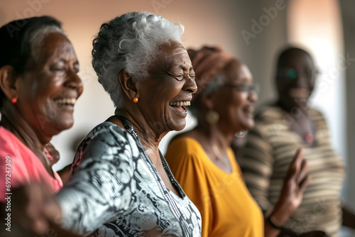 Candid capture of a joyful group of black seniors showing vitality while dancing, highlights companionship and active lifestyle in retirement, reflecting the spirit of elderly