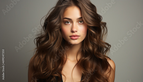 Beautiful woman with long curly brown hair, looking at camera generated by AI
