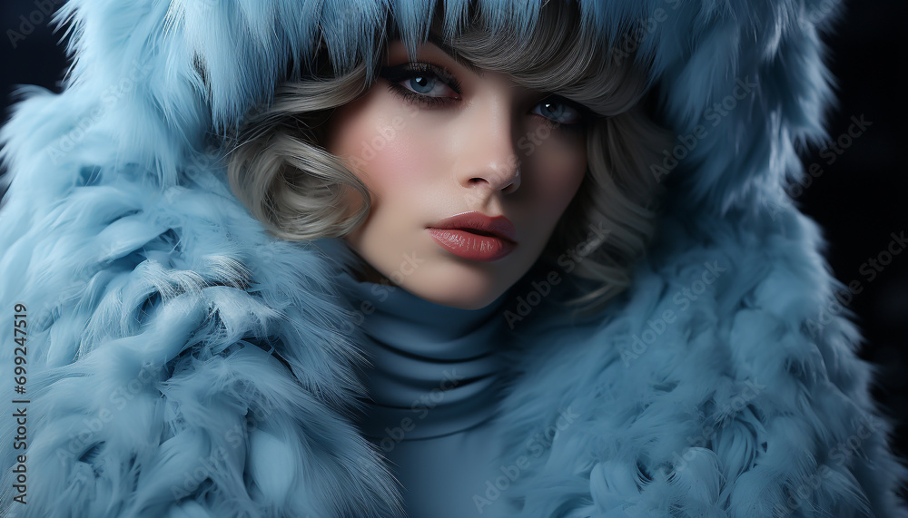 Beautiful woman in fur coat, looking at camera with elegance generated by AI