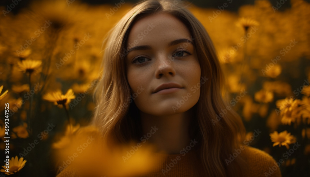 Young woman enjoying the beauty of nature in a summer meadow generated by AI Young woman enjoying the beauty of nature in a summer meadow generated by AI