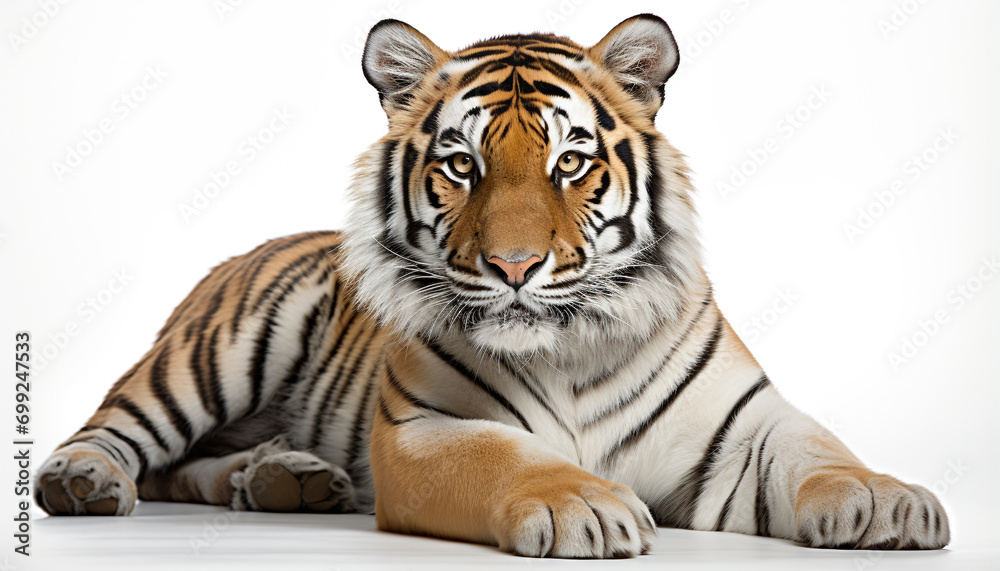 Obraz premium Majestic Bengal tiger staring, striped fur, on white background generated by AI