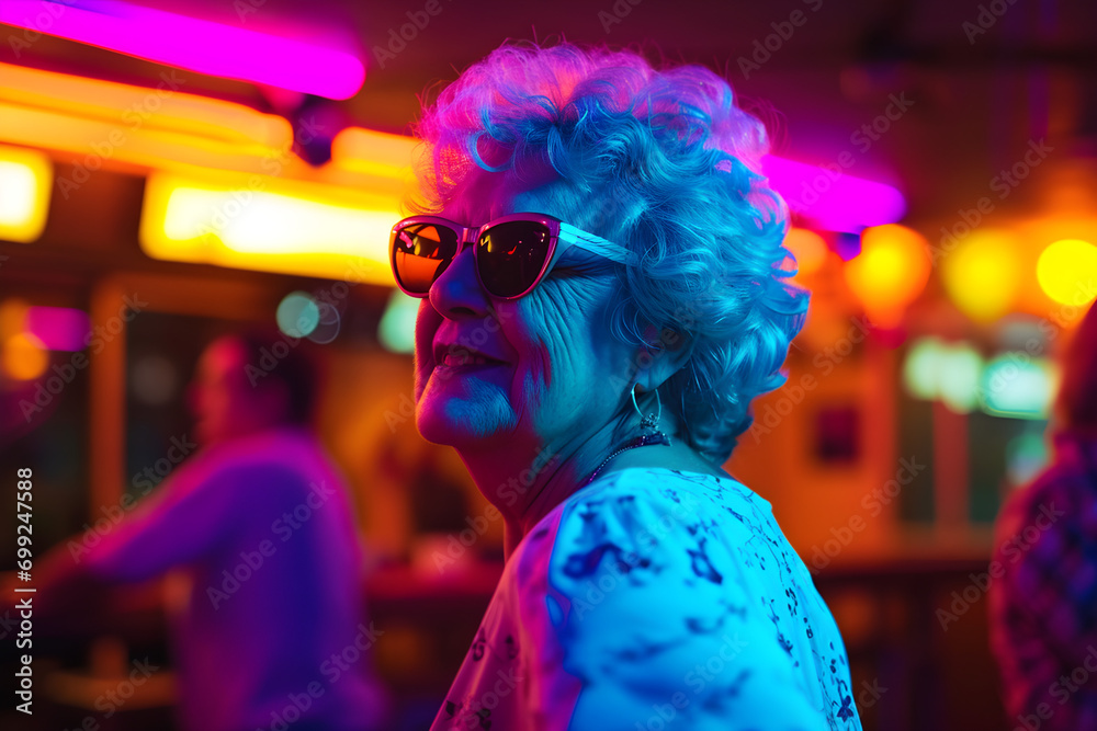 happy retired senior woman dancing in nightclub enjoying retirement and an active healthy lifestyle