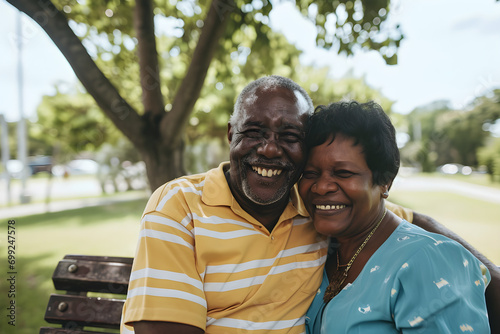 happy black retired senior couple in the park enjoying retirement and an active healthy lifestyle