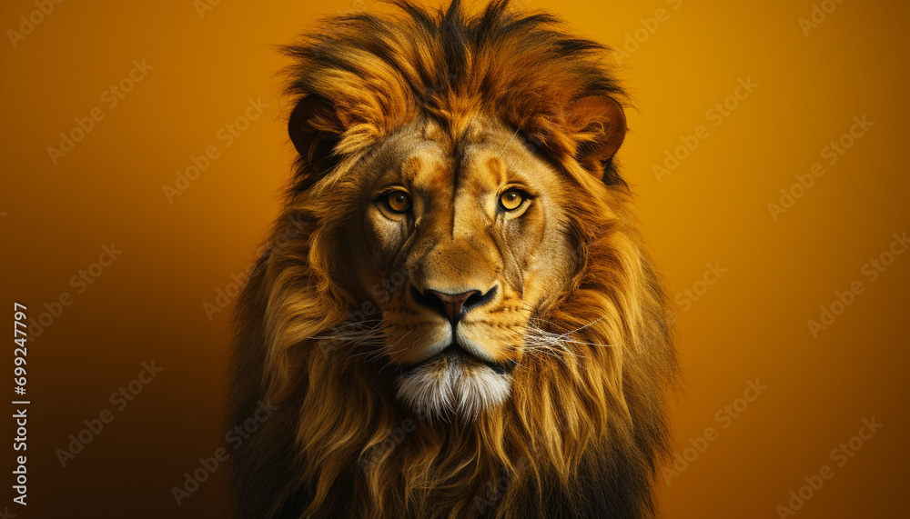 Fototapeta premium Majestic lion, king of the savannah, staring with strength generated by AI