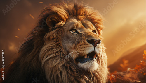 Majestic lion, king of the savannah, fierce and wild generated by AI © djvstock
