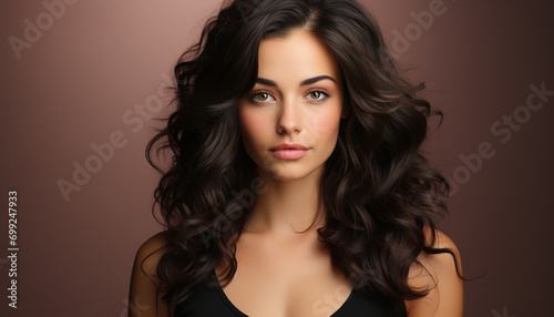 Beautiful young woman with long brown hair, looking at camera generated by AI