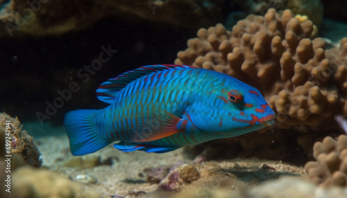 Underwater fish swim in a colorful reef, showcasing natural beauty generated by AI