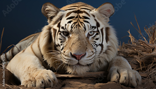 Majestic Bengal tiger staring, wild beauty in nature tranquility generated by AI