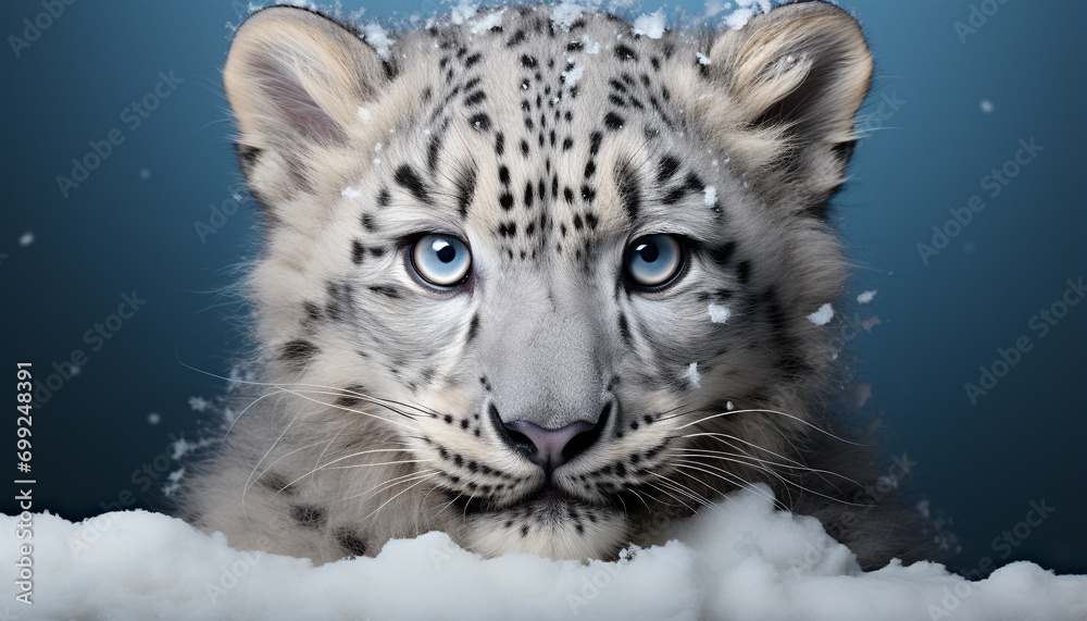 Majestic snow leopard staring, nature beauty in tranquil winter generated by AI