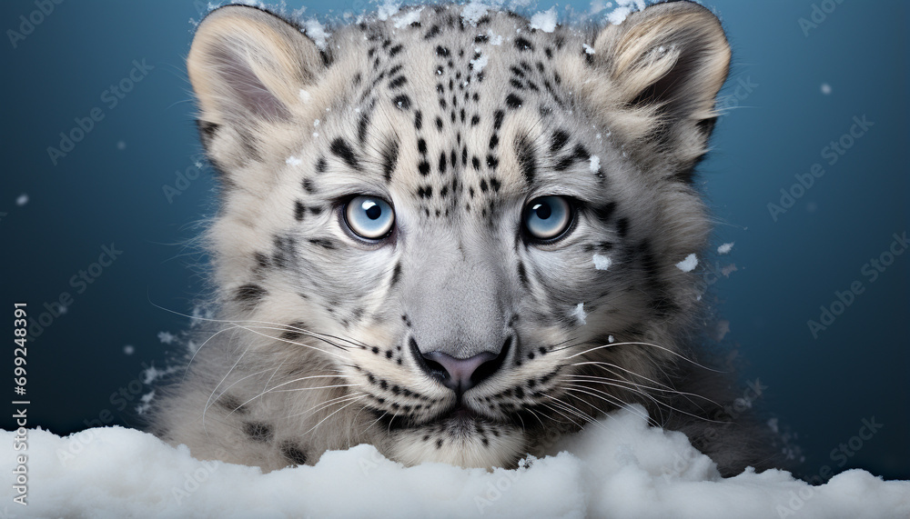 Majestic snow leopard staring, nature beauty in tranquil winter generated by AI Majestic snow leopard staring, nature beauty in tranquil winter generated by AI