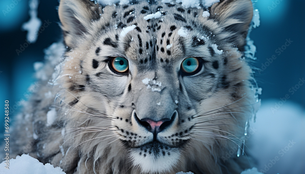 Obraz premium Snow leopard staring, majestic beauty in nature, snowing, wilderness area generated by AI