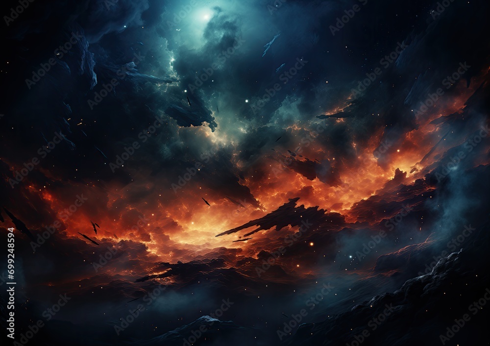 A celestial space scene, featuring a nebula of blue and orange gradients, lit by distant stars.