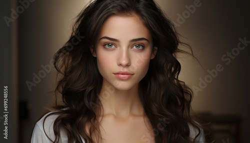 Beautiful woman with long brown hair, looking at camera, smiling generated by AI