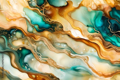 Natural luxury abstract fluid art painting in alcohol ink technique. Tender and dreamy wallpaper. Mixture of colors creating transparent waves and golden swirls. For posters, other printed material