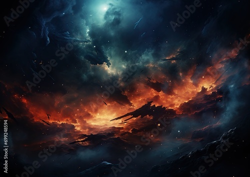 A celestial space scene  featuring a nebula of blue and orange gradients  lit by distant stars.