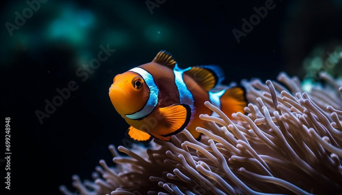 Clown fish swimming in vibrant blue reef, underwater beauty captured generated by AI