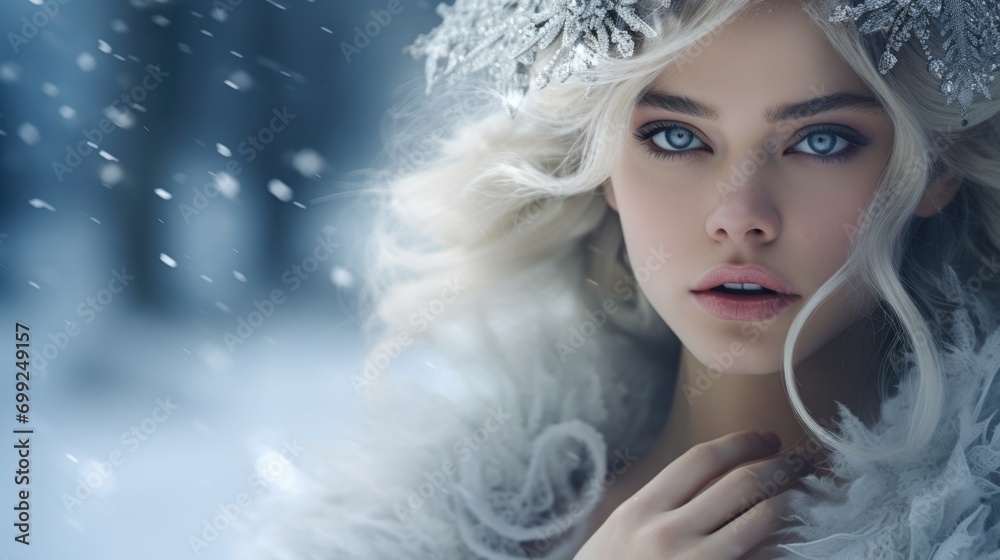 Winter has come. Portrait of a snow queen with snow falling around her.