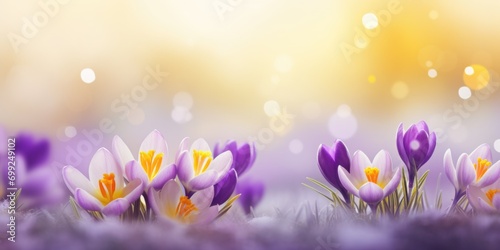 A group of purple flowers sitting on top of a lush green field, header, footer, panoramic banner image.