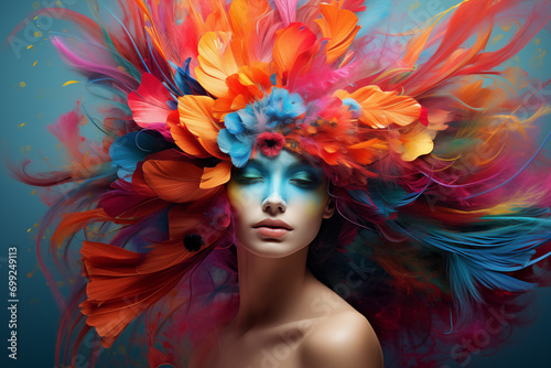 floral woman digital portrait, Ethereal female Art, An eye catching surreal young woman surround by vibrant colorful flowers and abstract designs, Creative fantasy girls and flowers wallpaper concept © Ishra