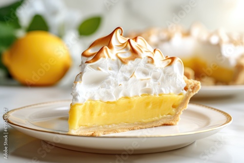 Delicious Slice of Lemon Meringue Pie in a White Kitchen photo