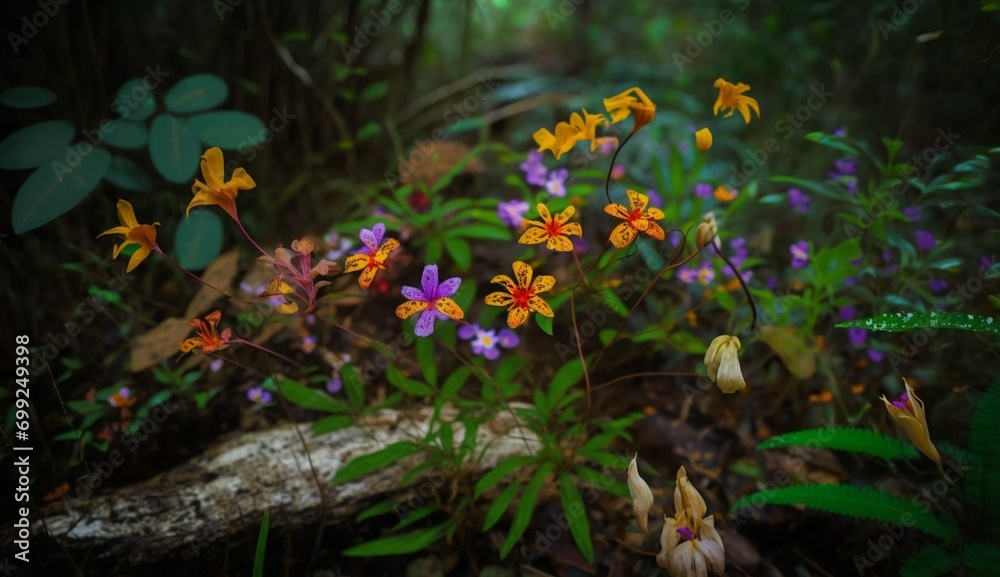 Fototapeta premium Vibrant wildflowers bloom profusely in the jungle, forming a striking mosaic of colors that captivates the eye against the prevailing backdrop of emerald green - AI Generative