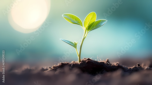 Green sapling sprouts on blue blurred background, creative startup investment success