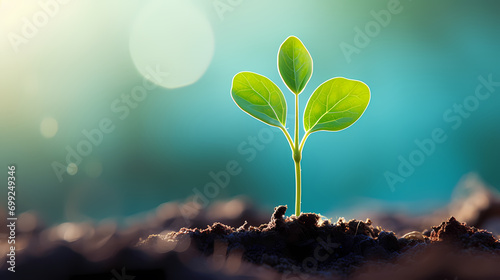 Green sapling sprouts on blue blurred background, creative startup investment success © ting