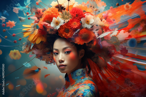 floral woman digital portrait, Ethereal female Art, An eye catching surreal young woman surround by vibrant colorful flowers and abstract designs, Creative fantasy girls and flowers wallpaper concept photo