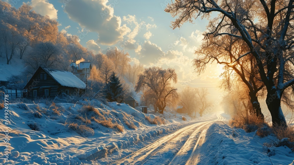 Winter landscape, beautiful snowy landscape in sunny weather in a village outside the city, Russian frosty winter - obrazy, fototapety, plakaty 