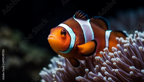 Clown fish swimming in vibrant reef, showcasing nature underwater beauty generated by AI