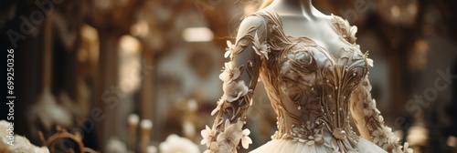 Close-up of a mannequin displaying a haute couture gown, intricate details photo