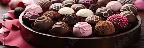 Close-up of a Valentine's Day chocolate box, assortment of gourmet chocolates
